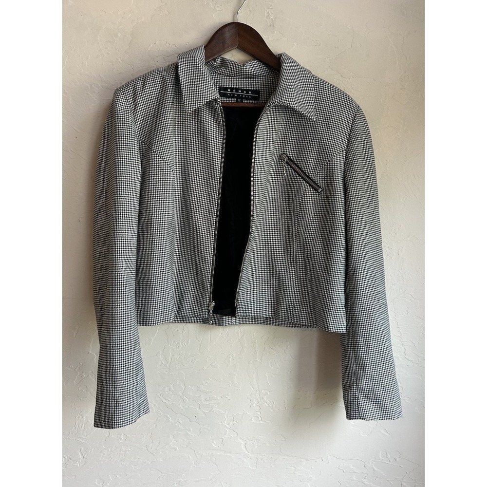 Vintage 90s Boxy Cropped Houndstooth Jacket 12 Zip Preppy Minimalist Classic‎ - Picture 2 of 8